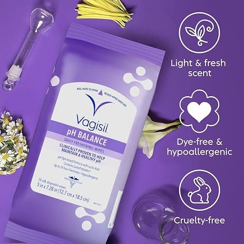 Vagisil pH Balance Daily Freshening Wipes for Feminine Hygiene in Resealable Pouch, Gynecologist Tested & Hypoallergenic, 20 Wipes (Pack of 1) thumbnail 3