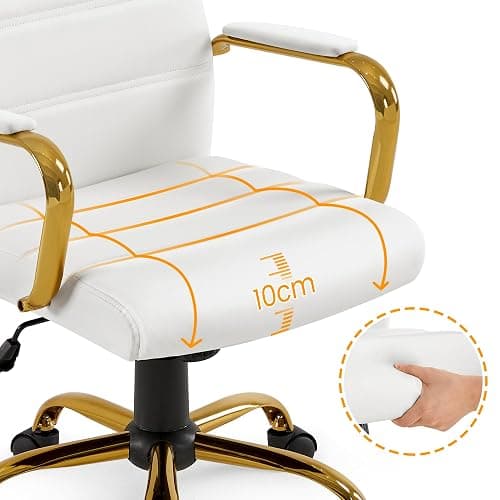 Yaheetech Faux Leather Office Chair Mid-Back Computer Desk Chair w/Lumbar Support Swivel Chair w/Gold Leg White Seat for Home thumbnail 8