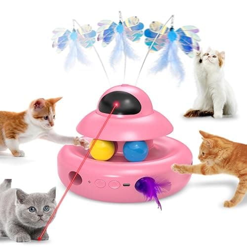 MOHAYA Automatic Cat Toys,4-in-1 InteractiveCat Toys for Bored Indoor Adult Cats, Electric Flying Butterfly,Rechargeable Moving Ambush Feather,Pink Kitter Toy Track Balls - Image 1