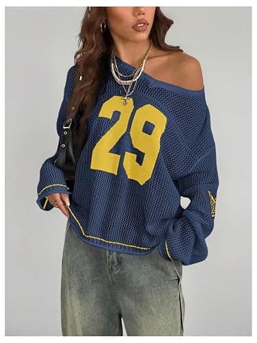 QJQ Women's Oversized Jersey Shirts Long Sleeve V Neck Crochet Knit Sweater Tops Hollow Out Graphic Pullover thumbnail 4