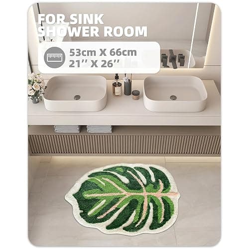Sisher Cute Monstera Bath Mat,Green Leaf Bath Mat,Non Slip,Soft,Absorbent,Machine Washable for Bathroom Bathtub Rugs,Toilet,Kids Room,Bedroom,Monstera Leaf Rug(21"X26") thumbnail 5
