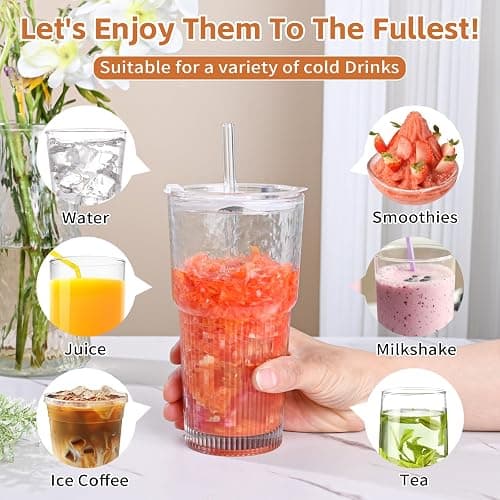 AUFXKOO 20oz Glass Tumblers with Lids and Straws,2PCS Glass Cups with Lids and Straws,Iced Coffee Cups with Lid,Drinking Glasses for Juice, Smoothies thumbnail 4