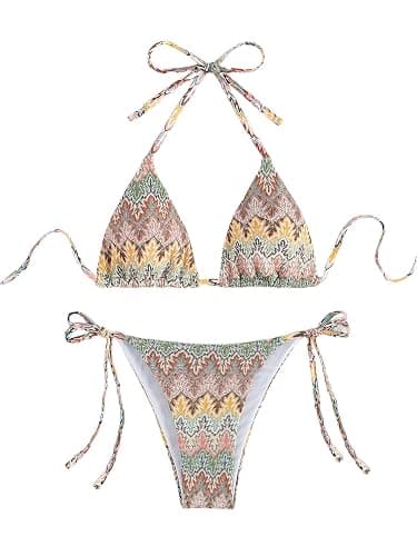 SHENHE Women's 2 Piece Swimsuit Floral Print Halter Tie Side Triangle Bikini Set - Image 1
