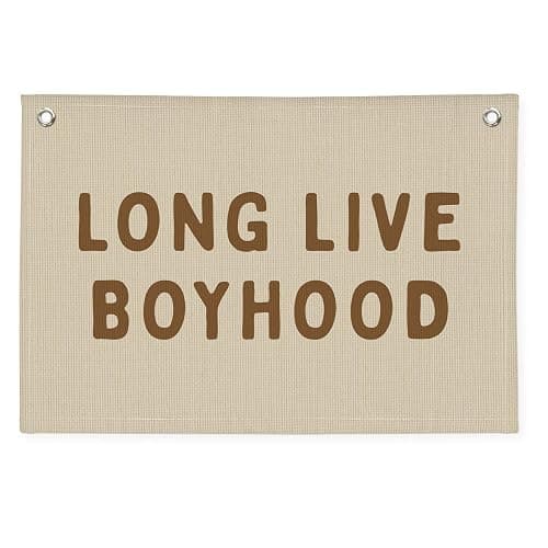 PLKMN Long Live Boyhood Banner, Boy Nursery Decor, Linen Banner Wall Hanging Banner Flag Decor for Nursery Playroom Toddler Room, Boys Kids Room Decor - Sand Beige & Taupe - 01 Long Live Boyhood - Brown Beige - Image 1