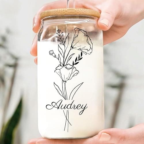 Custom Glass Cup With Birth Flower - 16 Oz Personalized Tumbler With Lid and Straws - Anniversary Birthday Gifts for Women, Bridesmaids, Mom, Girlfriend thumbnail 5