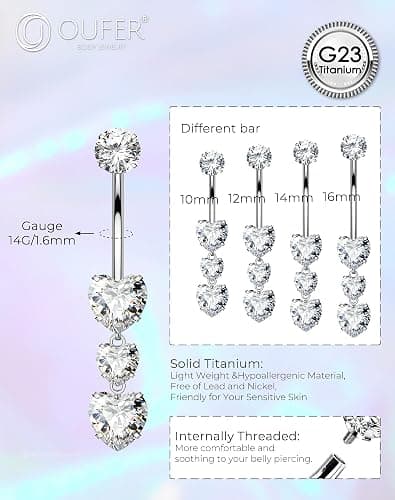 OUFER Titanium Belly Button Rings, Heart Belly Rings Dangling, Internally Threaded Belly Button Piercings, Long Dangle Navel Piercing Jewelry, Belly Rings for Women thumbnail 5