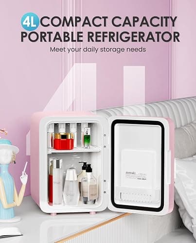 CUTIEWORLD Skincare Fridge with Dimmable LED Light Mirror, 4L Mini Fridge For Desktop, Travel or Cool & Heat, Makeup Fridge for Cosmetics, Skin Care and Food, Pink thumbnail 4