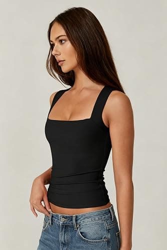 QINSEN Women's Square Neck Sleeveless Double-Layer Tank Tops Basic Tight T Shirts thumbnail 2