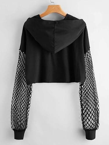 Verdusa Women's Fishnet Crop Hoodie Drop Shoulder Long Sleeve Sweatshirt Pullover thumbnail 2