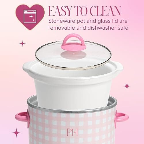 Paris Hilton 3.5-Quart Manual Slow Cooker, Features Three Settings (Low, High, Warm), Naturally Nonstick and Dishwasher Safe Stoneware Insert, Family Sized Capacity, Gingham Pink thumbnail 5