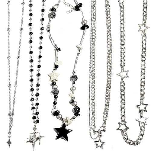 5PCS Retro-Inspired Dark Style Necklace Set for Women Men, Star Cross Pendant Silver Tone Beaded Chain Necklaces, Grunge Alternative Accessories Edgy Punk Jewelry Aesthetic Cool Stuff for Gifts - Image 1
