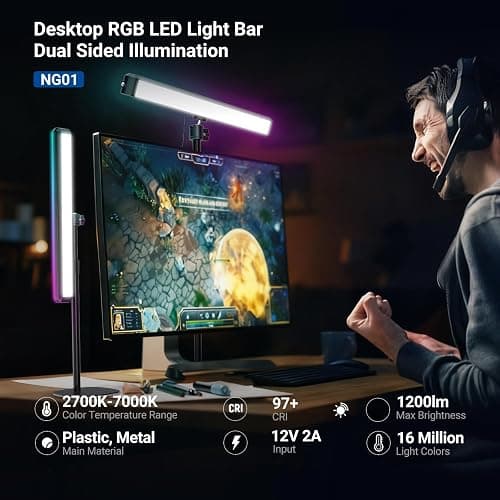 NEEWER Dual Sided RGB LED Streaming Key Light, Smart Desk Lamp Compatible with Alexa Google Assistant for Gaming Video Conference, 16 Million Colors, 2700K-7000K/CRI97+ Studio Tube Lighting, NG01 thumbnail 2
