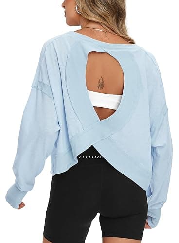 Darong Women's Open Back Workout Top Oversized Athletic Shirt Long Sleeve Crop Top with Thumb Holes - Image 1