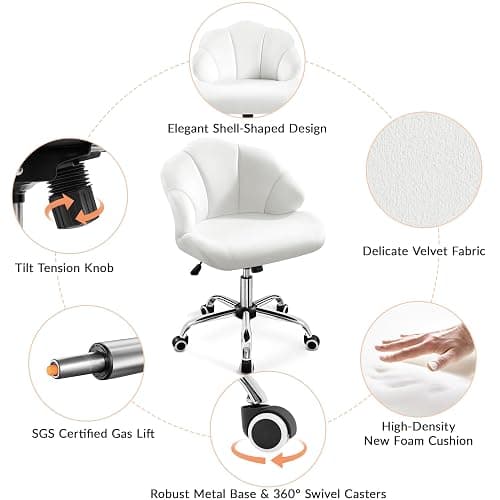 Yaheetech Cute Velvet Desk Chair Shell-Shaped Back Vanity Chairs Modern Swivel Desk with Wheels Adjustable Height for Home Office Bedroom White - White thumbnail 7