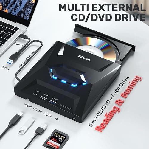 Unitek External CD DVD Drive, USB 3.0 Type-C Portable CD/DVD +/-RW Drive/DVD Player with SD Card Reader USB 3.0 USB C Hub CD ROM Burner Compatible for Laptop Desktop PC Mac Windows 11/10/8/7 Linux thumbnail 2