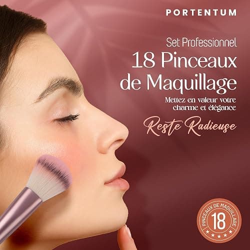 PORTENTUM Pinceaux maquillages Lot de 18 avec étui de voyage, manche en bois professionnel Kabuki en fibre synthétique de qualité supérieure pour fond de teint thumbnail 2