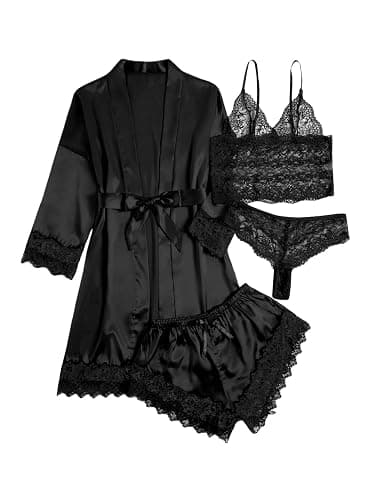 WDIRARA Women' Silk Satin Pajamas Set 4pcs Lingerie Floral Lace Cami Sleepwear with Robe - Image 1
