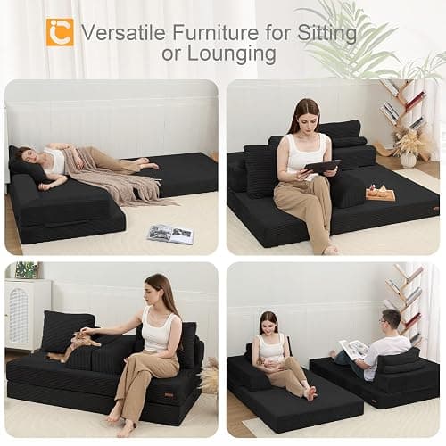 COMAX Convertible Sofa Bed, Folding Floor Couch Corduroy Fold Out Couch Bed Futon Sleeper Mattress with Pillows, Boneless Sofa Comfy Lounge Loveseat for Living Room Bedroom, Black thumbnail 6