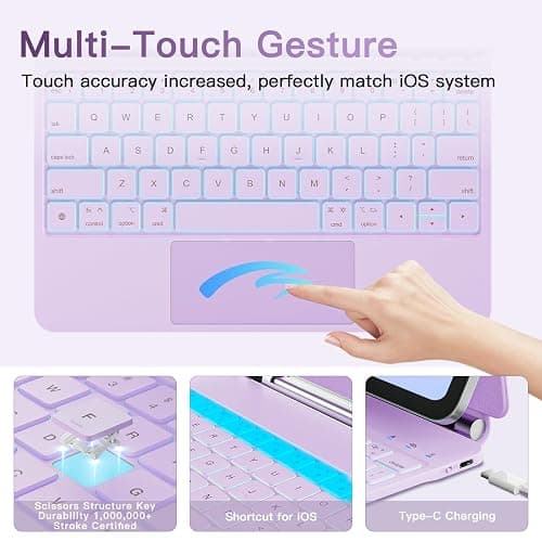 RAYMCRAFT for iPad Air 11-inch(M3 2025 / M2 2024) & iPad Pro 11 inch(1st/2nd/3rd/4th Gen), Magic Keyboard for Air 4/5 10.9", Springy Backlit Keys, Stain-Resistant Surface, Multi-Touch Trackpad, Purple thumbnail 7