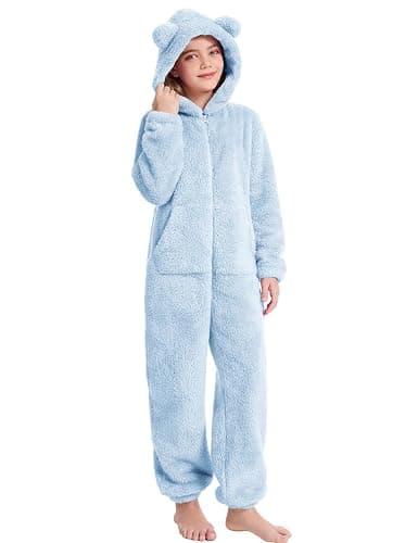 COZYPOIN Unisex Kids Fleece Jumpsuits Girls Fuzzy Hooded Rompers Zip Up One Piece Costume Warm Cute Clothes for 5-14 Y thumbnail 3