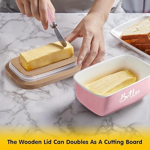 ALELION Pink Butter Dish with Lid and Knife for Countertop - Airtight Ceramic Butter Container with Thick Acacia Wood Lid for Counter - Pink Kitchen Decor and Accessories thumbnail 7