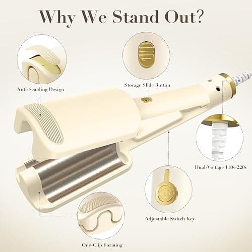 AISEELY 32MM Ceramic Curling Wand - 3 Barrel Beach Wave Hair Curler with Adjustable Temp (160°C-220°C), Anti-Scald Design & Travel Lock | Frizz-Free Waves for All Hair Types | White thumbnail 6