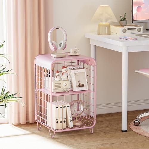 APEXCHASER Cute Kids Pink Nightstand,Metal Side Table,3 Tier End Table with Storage,Vintage Bedside Table,Girls Bedroom Furniture for Living Room,Bedroom,Dorm thumbnail 5