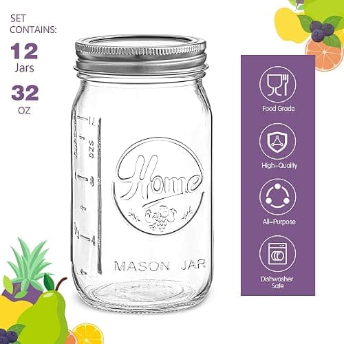 12 Pack Wide Mouth Mason Jars 32 oz - Heavy Duty Glass Quart Mason Jars With Airtight Lids for Pickling, Canning, Food Storage, Meal Prep and Fermenting, Leak Proof thumbnail 3