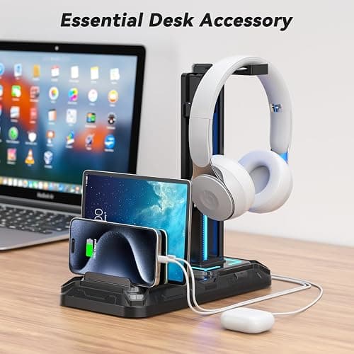 KDD Headset Stand with Charging Station - Detachable Controller Holder with 9 Light Modes - Rotatable Headphone Hanger with USB A&C Charger Ports - Earphone Hook for PC Gaming Accessories Storage thumbnail 8