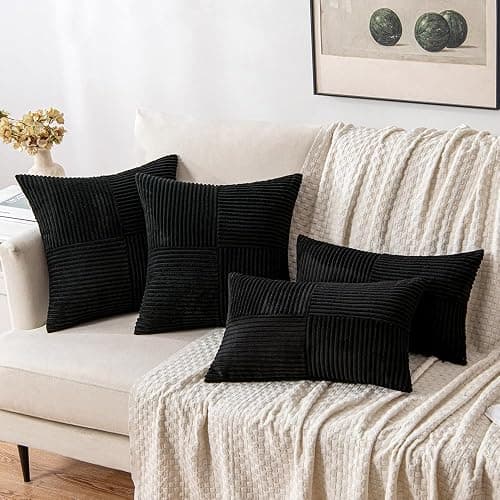 MIULEE Black Decorative Throw Pillow Covers 18x18 Inch for Couch Bed Sofa Pack of 2 Boho Farmhouse Throw Pillows Soft Cross Corduroy Patchwork Textured Cushion Cases thumbnail 5