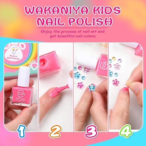 wakaniya Kids Non Toxic Nail Polish Set for Girls with Gems Nail Stickers, 7 Color Peel-Off Low Odor Nail Polish for Toddler thumbnail 5