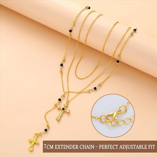 4PCS Layered Gold Cross Necklaces for Women Trendy, Bohemian Bead Pearl Y Long Pendant Necklace Set, Vintage Rosary Necklace Stack Adjustable Length thumbnail 2