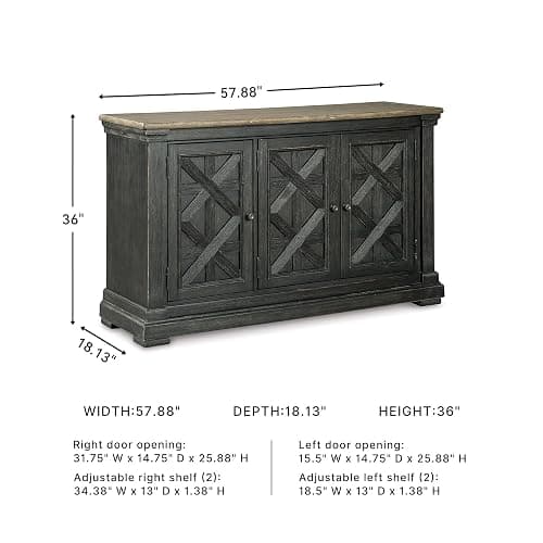 Signature Design by Ashley Tyler Creek Vintage Casual Dining Room Buffet Cabinet or Server with 3 Doors and Lattice Design, Wood, 36" High, Black & Gray thumbnail 3