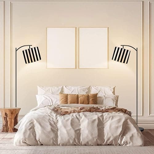 LOPYEIJFG Modern Arc Floor Lamp with Dimmer Mid Century Striped Black White Metal Standing Lamp with Linen Shade Footswitch for Living Room Bedroom Office thumbnail 4
