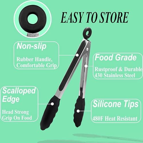 HST Tongs for Cooking with Silicone Tips(3 Pack), Non Stick Kitchen Tongs with Silicone Tip for Cooking BBQ Baking (9", Black) thumbnail 5