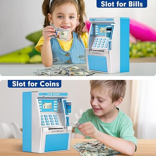 Blue Piggy Bank for Kids, ATM Machine Bank for Real Money with Debit Card, Bill Feeder, Coin Recognition, Balance Calculator, Electronic Savings Safe Box, Gifts for Teen Boy Girl thumbnail 4