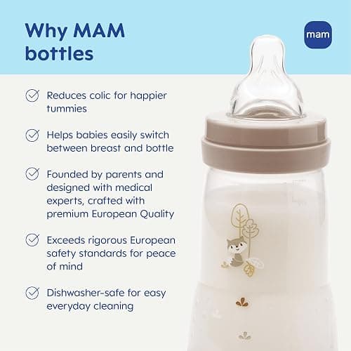 MAM 4.5oz Easy Start Anti-Colic+ Wide Neck Vented Baby Bottle, Extra Slow Flow Breastfeeding-Like Silicone Nipple, Reduces Colic, Gas & Reflux, Easy Clean, BPA Free, 0+ Months, Made in Europe, Boy thumbnail 8