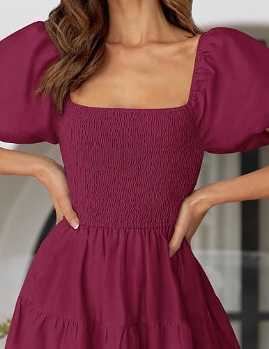 ZESICA Women's 2025 Summer Square Neck Short Puff Sleeve Solid Color High Waist Casual Smocked Flowy A Line Tiered Midi Dress thumbnail 6