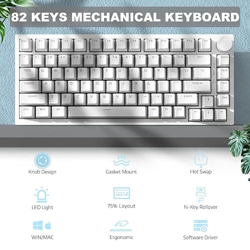 AJAZZ AK820 75% TKL Wired Mechanical Keyboard,Hot-Swappable Blue Switch,Gasket Mount Gaming keyboard Blue Light,82 Keys with CNC Volume Knob,Poron Foam,OEM PBT Keycaps for PC/WIN/MAC-White thumbnail 2