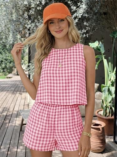 IDEALSANXUN Womens Two Piece Sets Summer Beach Spring Gingham Tank Tops and Plaid Shorts Pajama Sets thumbnail 3