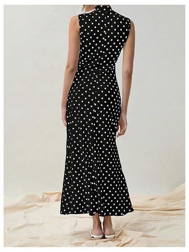 Milumia Women's Polka Dots Maxi Tank Dress Vintage Mock Neck Sleeveless Elegant Long Dresses thumbnail 2