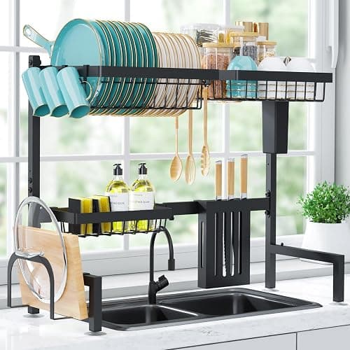 Sakugi Over The Sink Dish Drying Rack - Adjustable 2 Tier Large Capacity Stainless Steel Drainer with Cutlery & Utensil Holders, Kitchen Storage & Organization, 30"-33.9" L x 11" W x 21.5" H, Black thumbnail 9