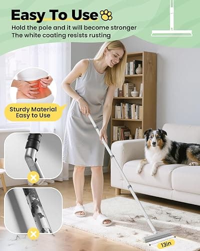 Carpet Rake for Pet Hair Removal Tool - 4 in 1 Pet Hair Remover Kit for Dog Cat Fur Remover, Contain 60" Adjustable Rubber Broom, Glove, Magic Brush and Scraper for Furniture,Short Pile Carpets, Mats thumbnail 2