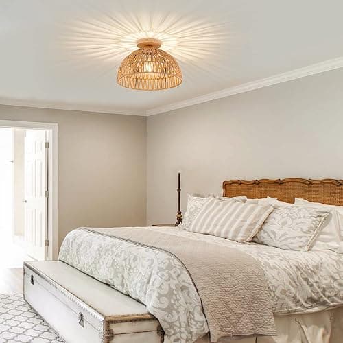 OCWHT Boho Rattan Ceiling Light Fixtures Boho Lamp Shade Flush Mount Ceiling Light Hand-Woven Small Chandelier Wooden Base Chandelier Light for Hallway Bedroom Kitchen Nursery - Brown thumbnail 3