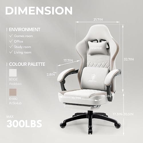 C Dowinx Gaming Chair Fabric with Pocket Spring Cushion, Massage Gaming Chair with Footrest, Ergonomic PC Chair, Gamer Chair, Office Chair, 150 kg Load Capacity, Khaki thumbnail 3