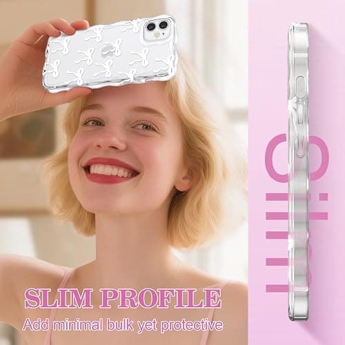 QLTYPRI Bow Case for iPhone 12, Cute Ribbon Bows Wavy Curly Frame Clear Phone Case for Girls Women, Aesthetic Bowknot Transparent Soft Silicone TPU Bumper Shockproof Protective Cover - White thumbnail 6