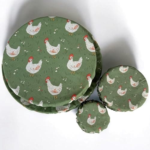 (4-Pack) Sourdough Reuseable Jar & Bowl Covers | Cute Baking Gift | 100% Cotton | Washable | Bread Proofing | Kitchen Food Storage Gifting | Starter Cover Lid Kit (Chickens) - Image 1