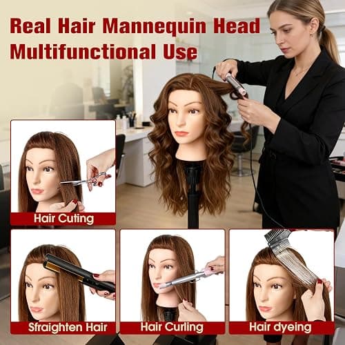 100% Mannequin Head Human Hair,22" Dark Brown Real Hair Cosmetology Mannequin Manikin Head Hair Styling Hairdressing Practice Training Doll Head with Clamp Holder and Tools thumbnail 3