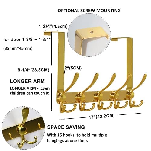 Dseap Over The Door Hook Hanger - Fits 1 3/8" to 1 3/4" Standard Doors | 5 Tri Hooks Heavy Duty Towel/Coat Rack | Door Organizer for Clothes, Jackets, Hats, Towels, Gold thumbnail 3