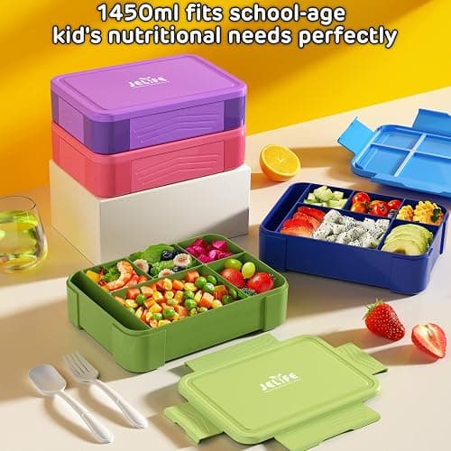 Jelife Bento Box Kids Lunch Box - 1450ml Large Leakproof 6 Compartments Kids Lunchbox Toddler Bento Box with Utensils for School, Book-Style Reusable Lunch Snack Containers for Daycare thumbnail 6